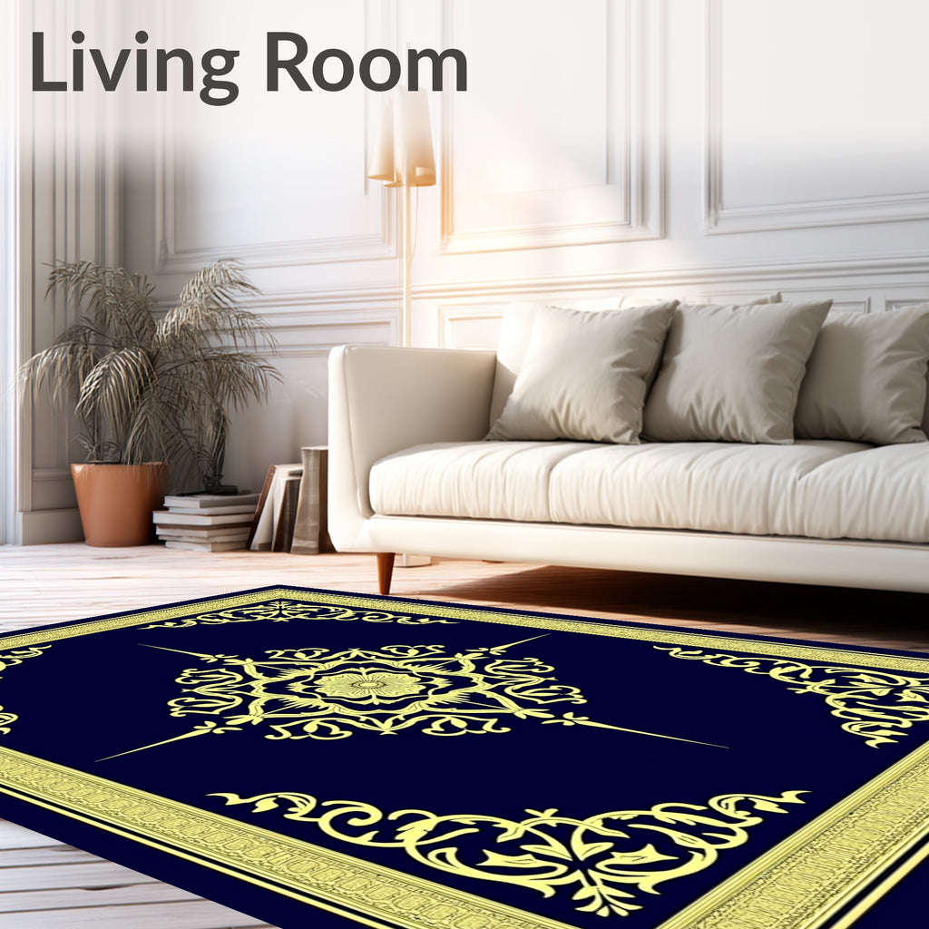 Navy Yellow Floral Medallion Border Rug