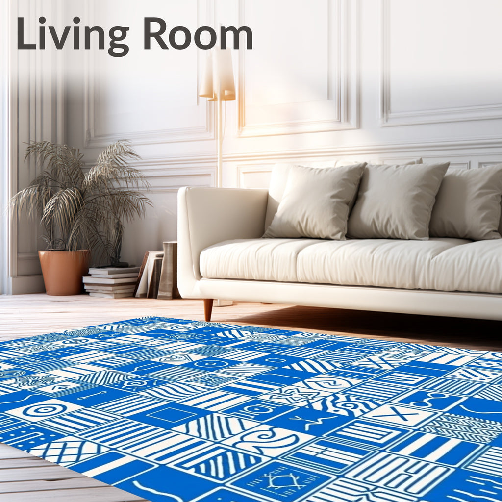 Blue White Geometric Square Collage Rug