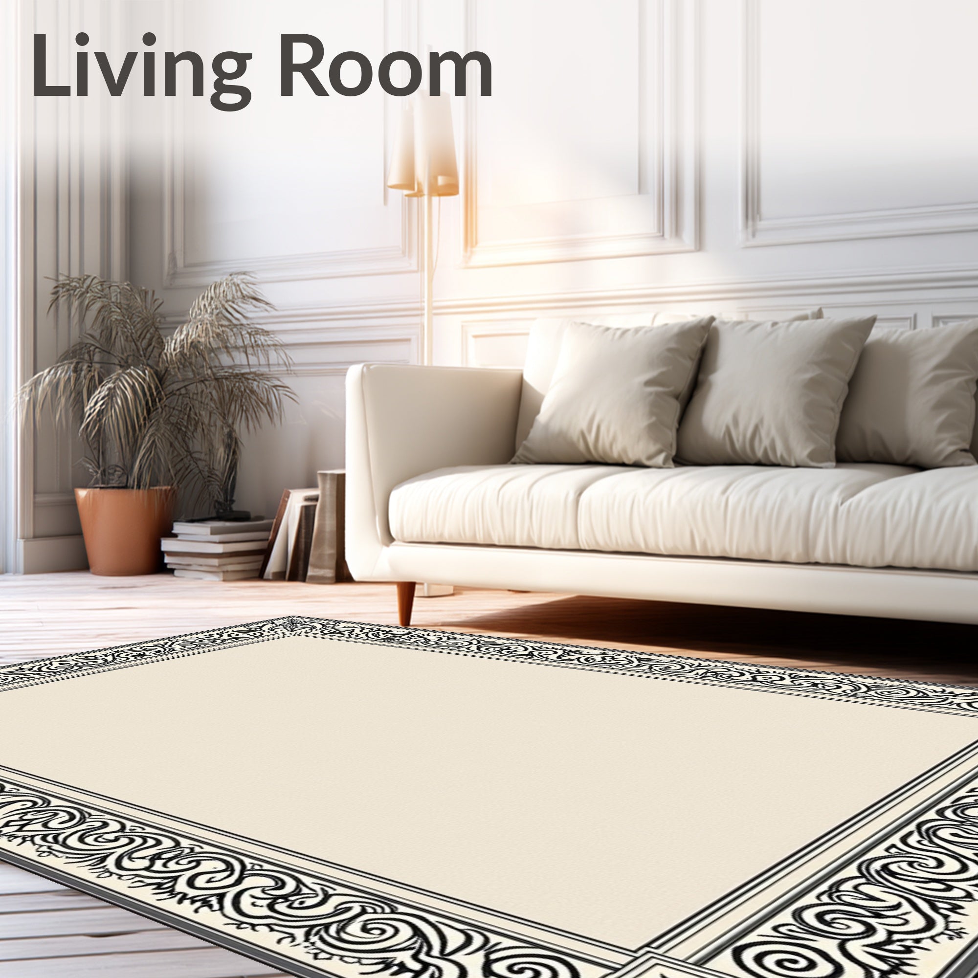 Ornate Black Ivory Scroll Border Rug