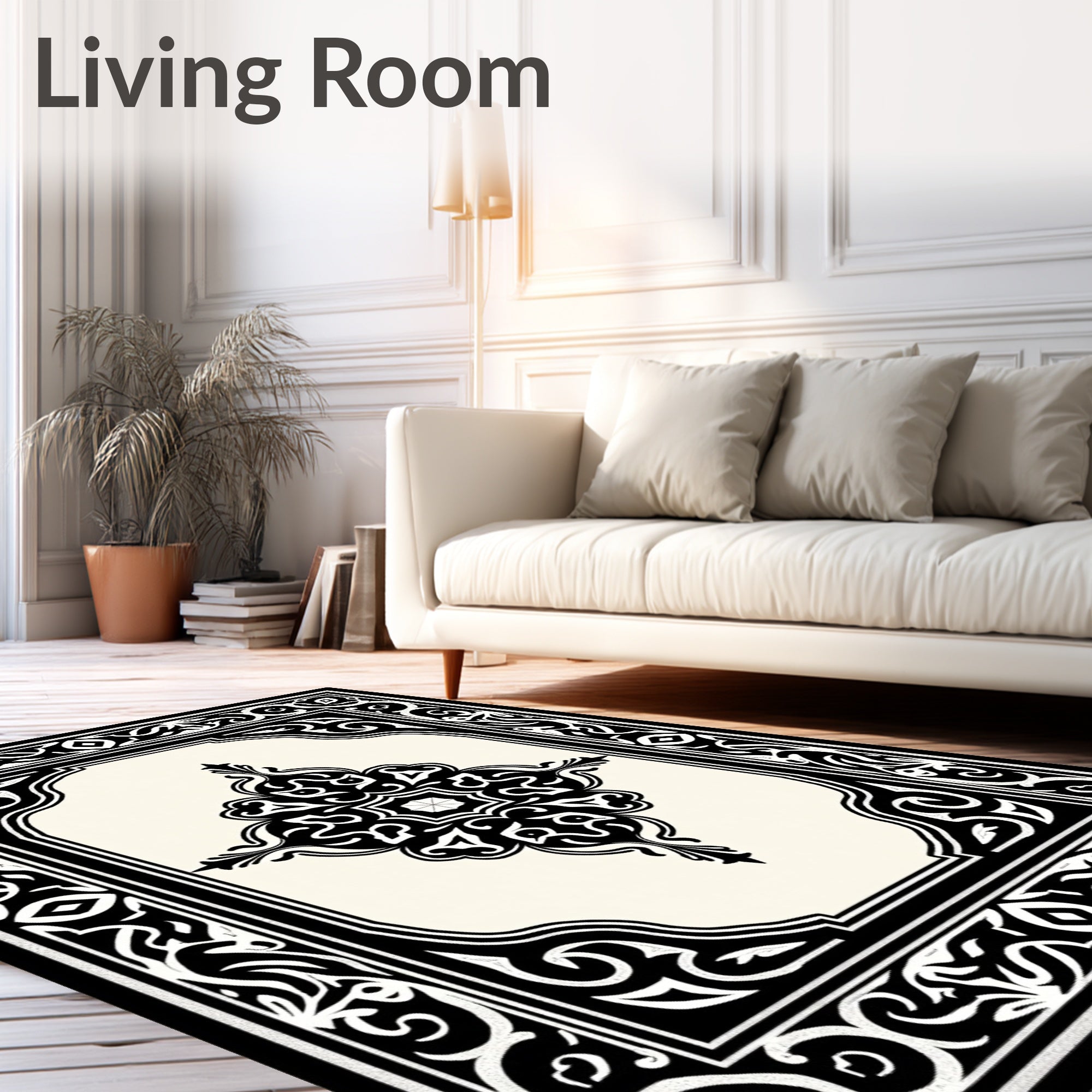 Black White Ivory Ornamental Medallion Rug