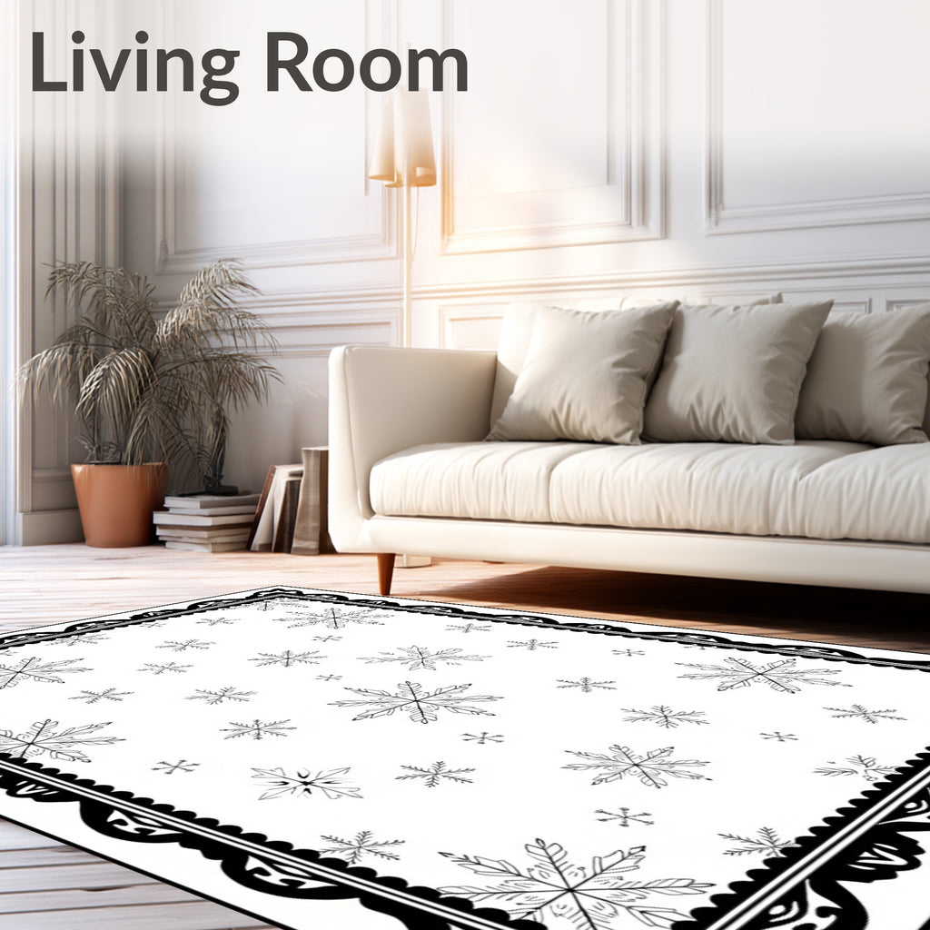 Black White Snowflake Border Rug