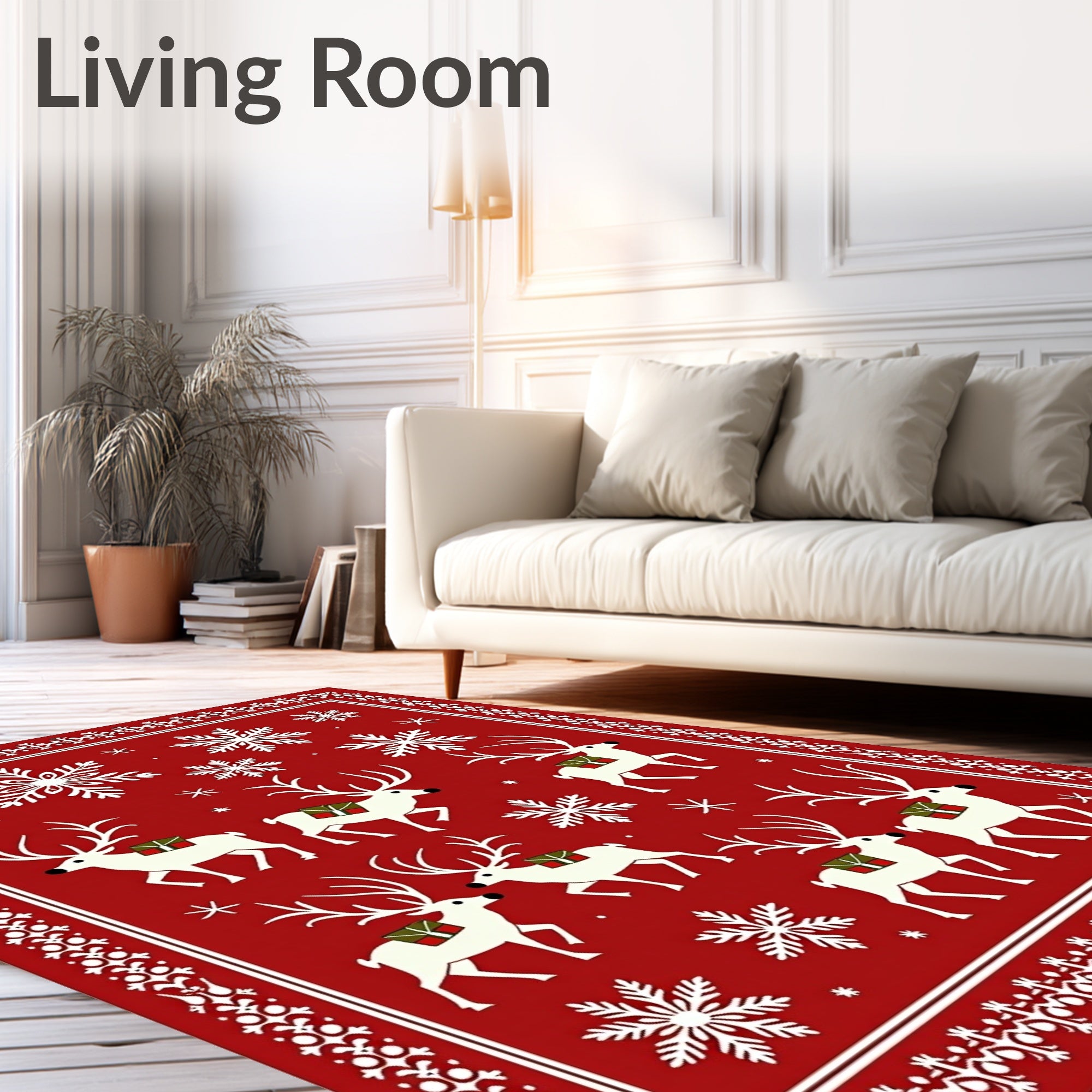 Red White Reindeer Snowflake Medallion Rug