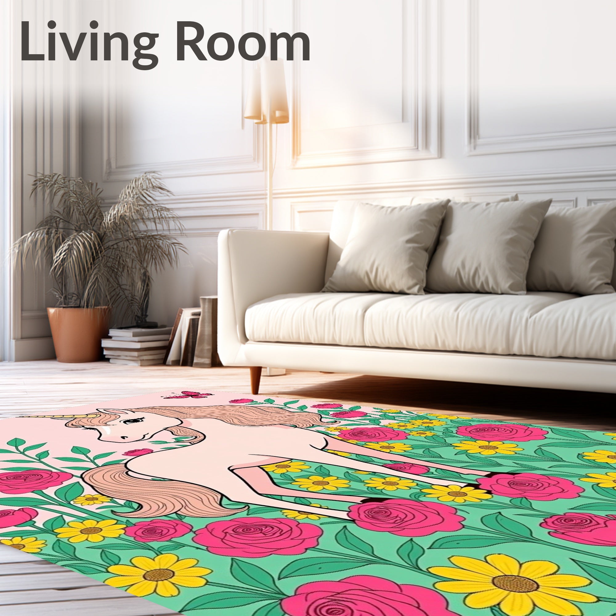 Pink Unicorn Butterflies Roses Garden Rug