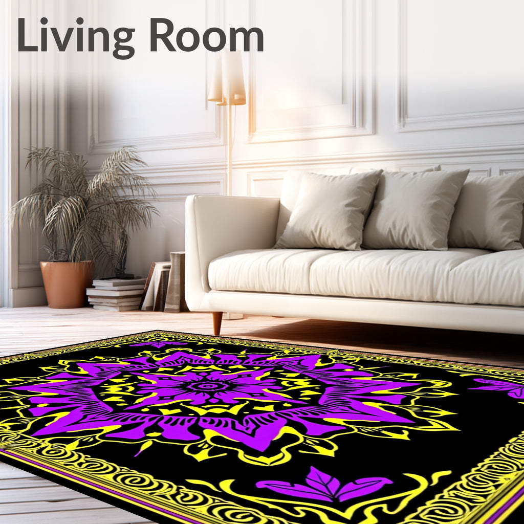 Vibrant Purple Yellow Floral Mandala Rug