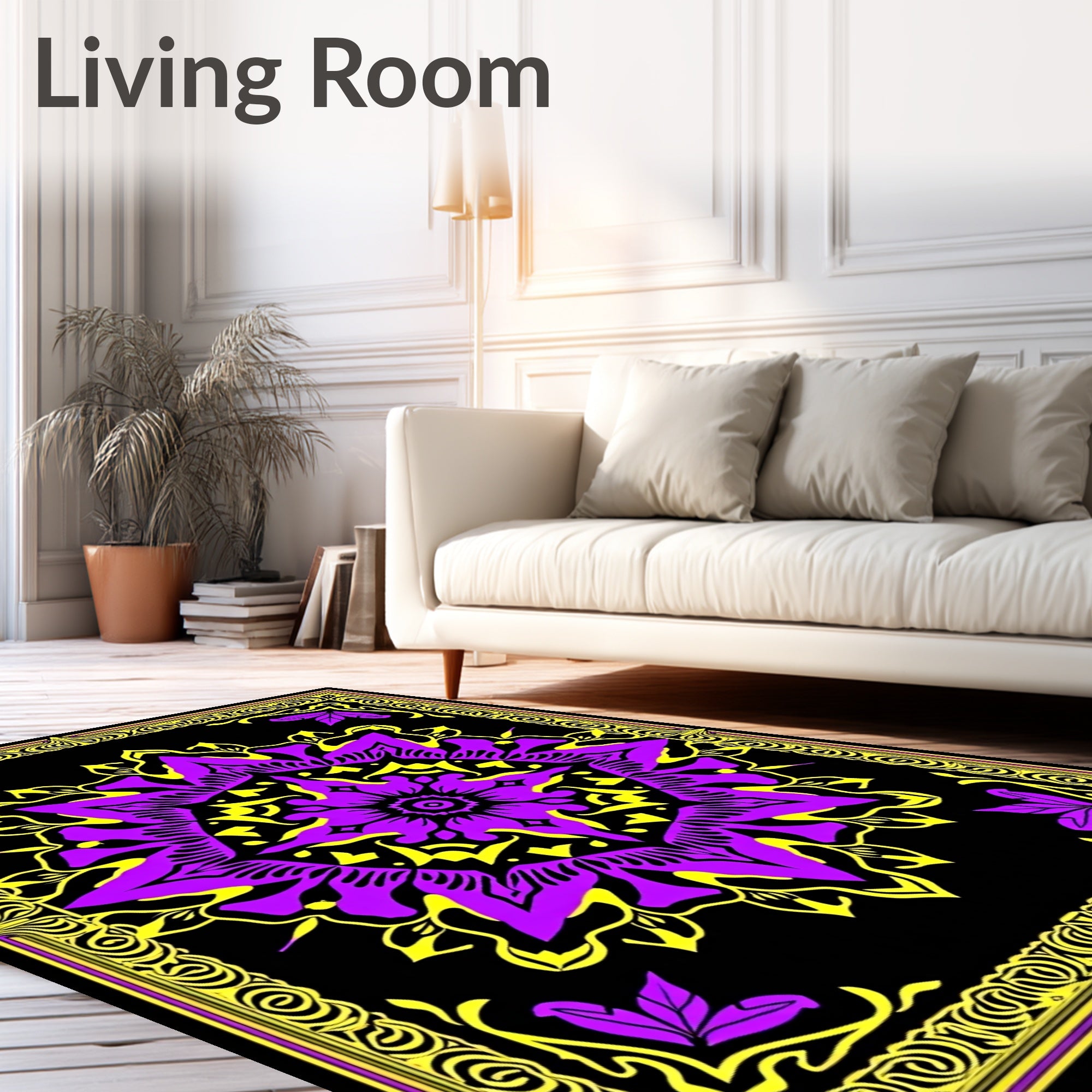 Vibrant Purple Yellow Floral Mandala Rug