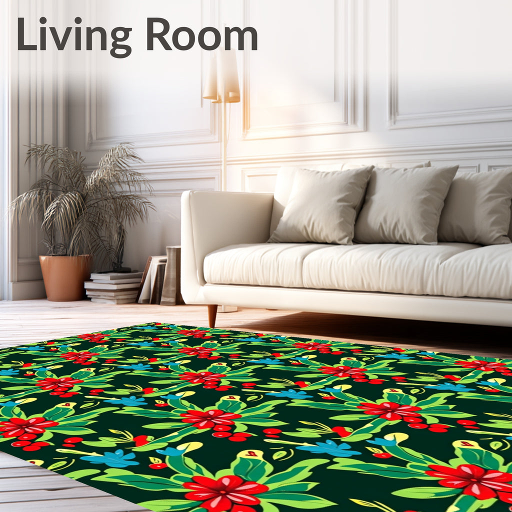 Red Floral Clusters Greenery Blue Accents Rug