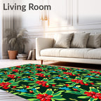 Red Floral Clusters Greenery Blue Accents Rug