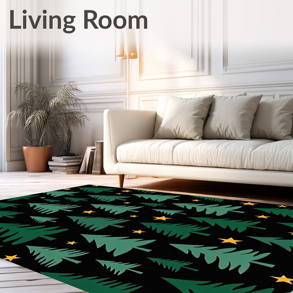 Forest Christmas Trees Gold Stars Rug