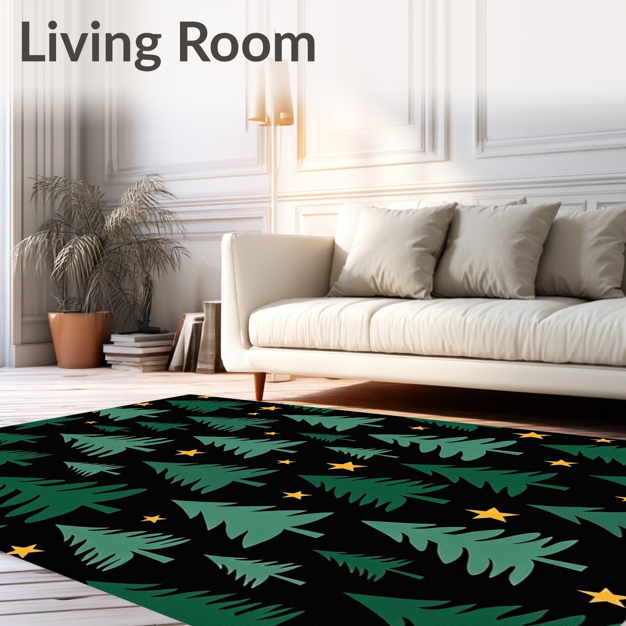 Forest Christmas Trees Gold Stars Rug