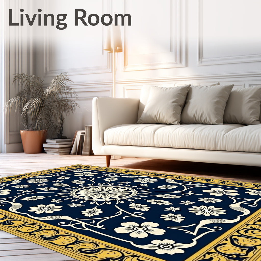 Navy Floral Medallion Border Rug