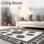 Cream Black Sunburst Floral Medallion Frame Rug