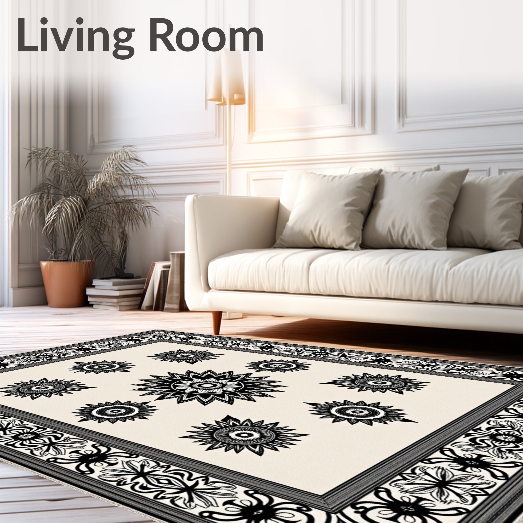 Cream Black Sunburst Floral Medallion Frame Rug