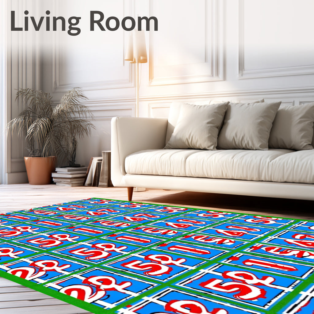 Bold Red Numbers Blue Squares Rug