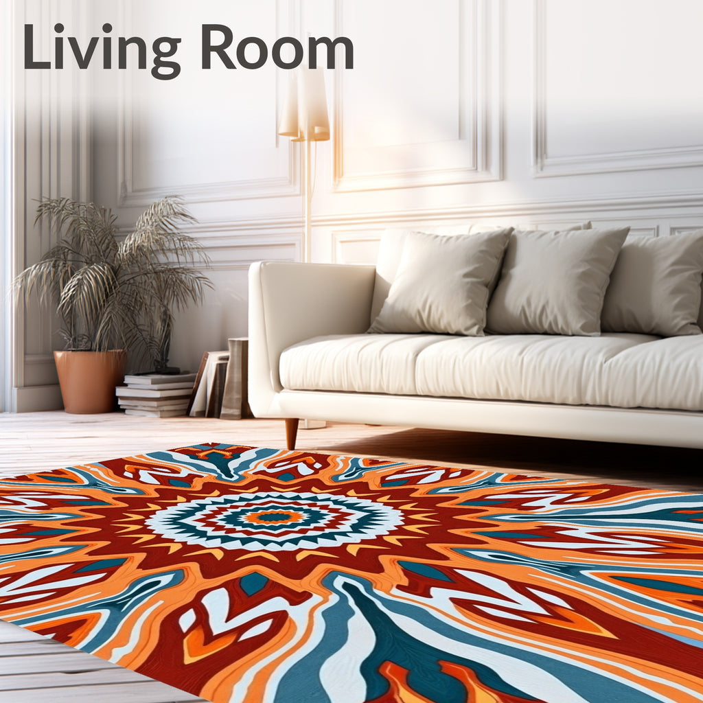 Vibrant Ochre Teal Sunburst Mandala Rug