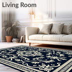Navy Cream Floral Medallion Scroll Rug