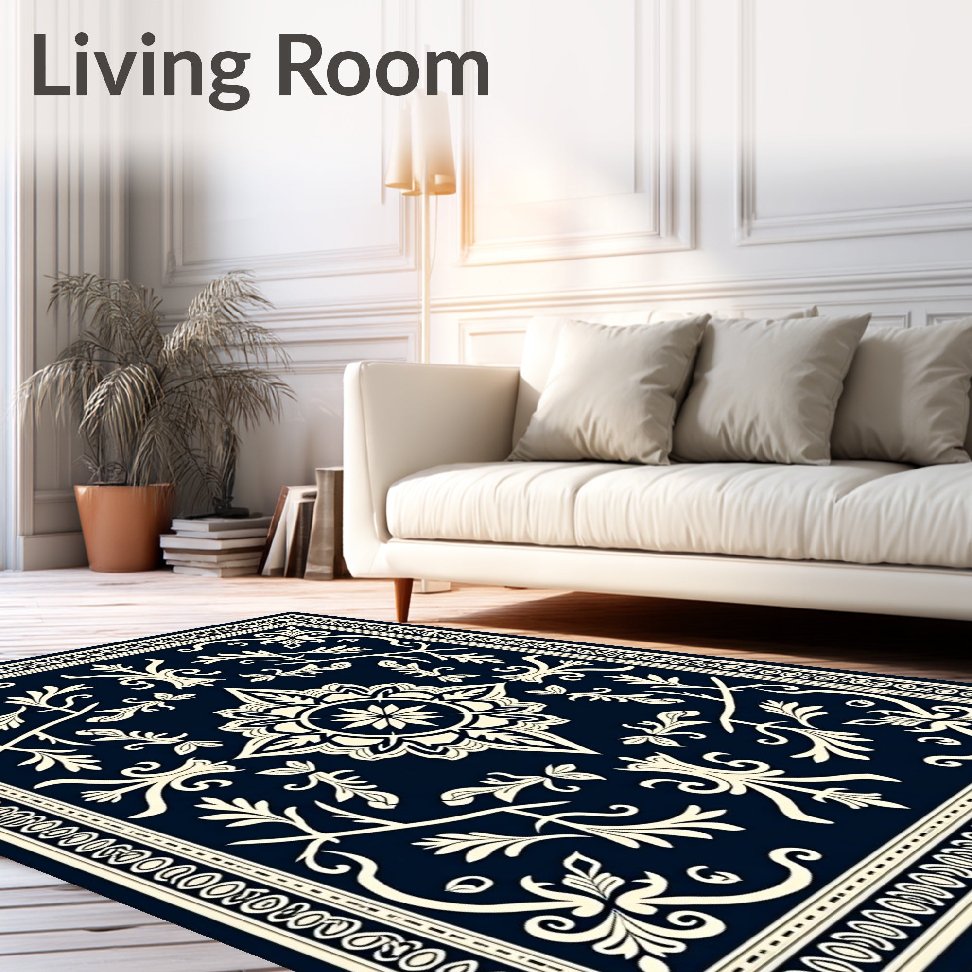 Navy Cream Floral Medallion Scroll Rug