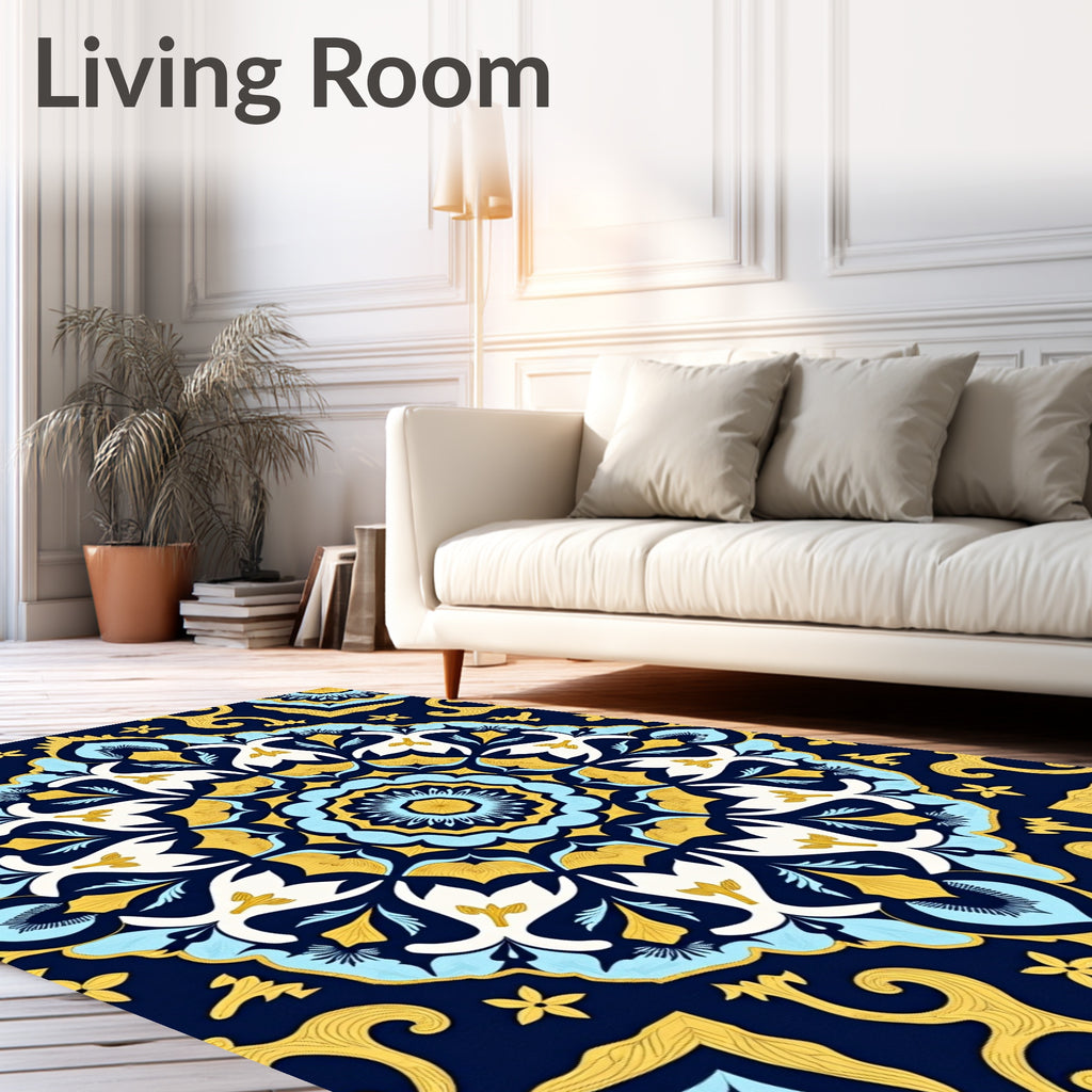 Navy Blue Golden Floral Medallion Rug