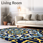 Navy Blue Golden Floral Medallion Rug