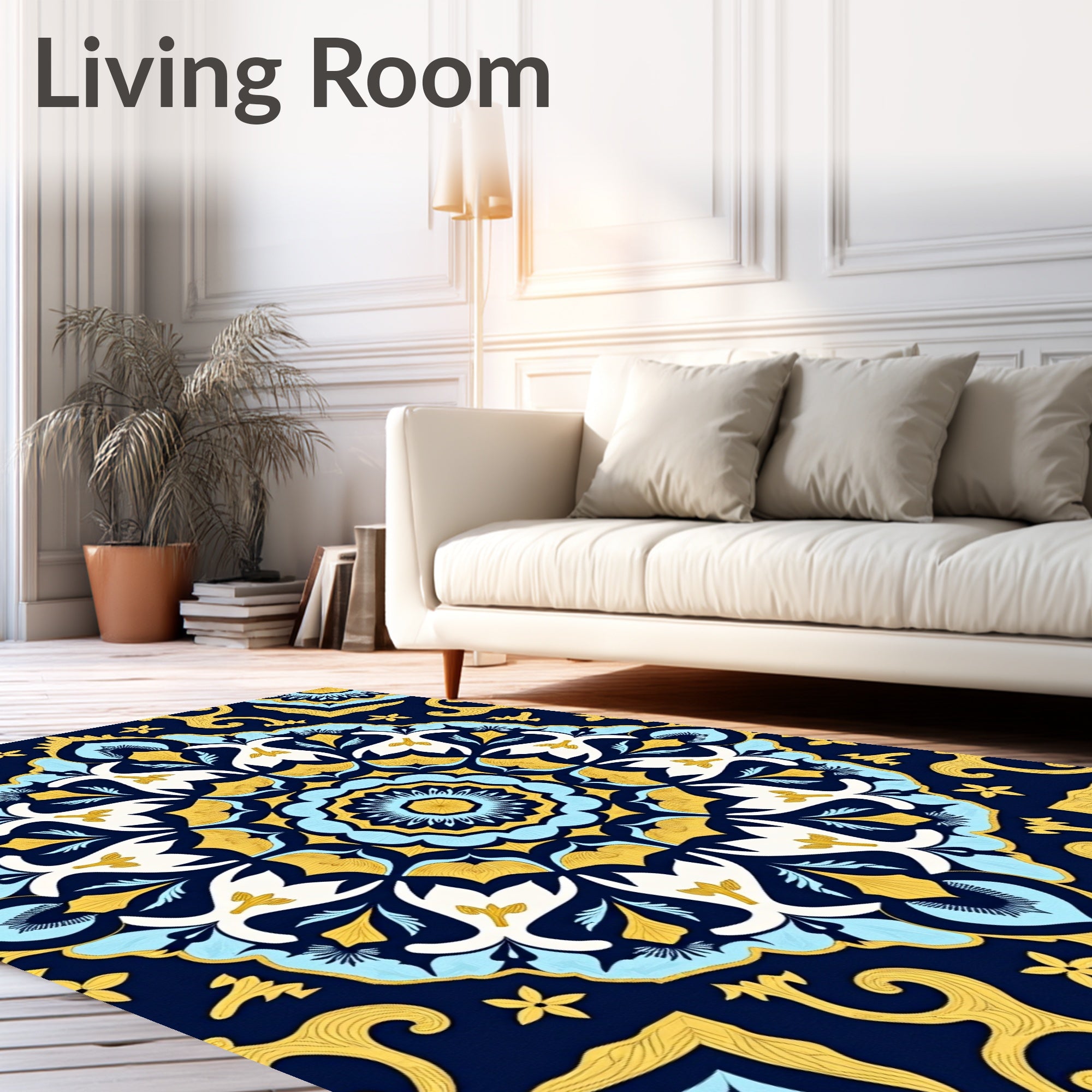 Navy Blue Golden Floral Medallion Rug