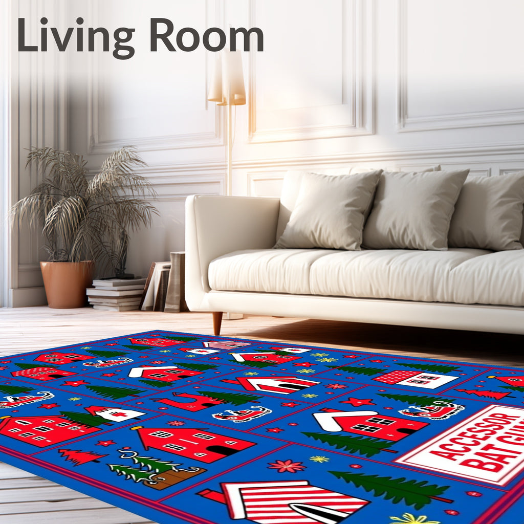 Whimsical Red Houses Snowy Landscape Rug