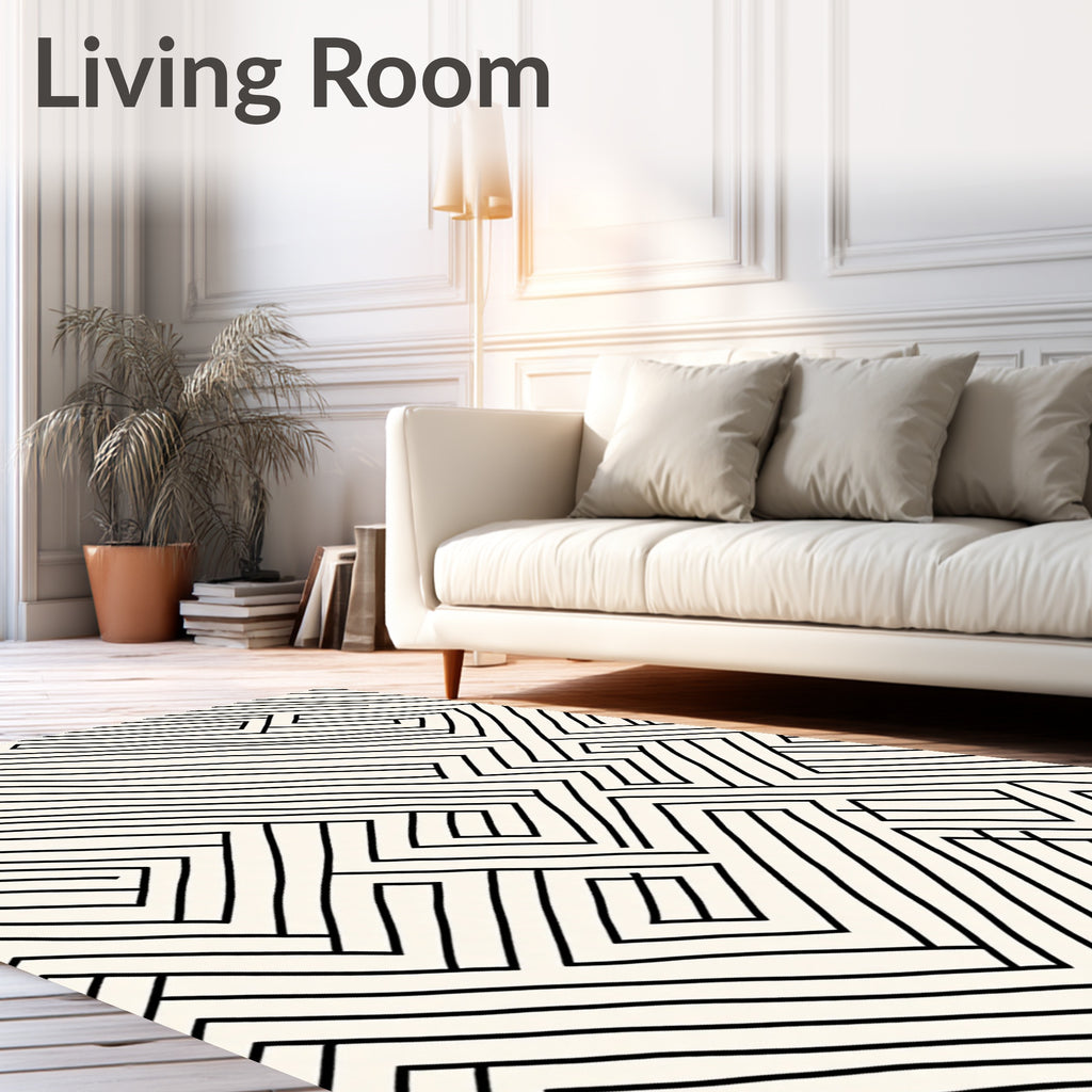 Abstract Black White Maze Line Rug