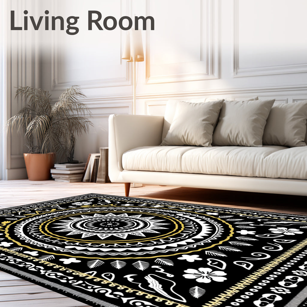 Bold Black White Golden Mandala Rug