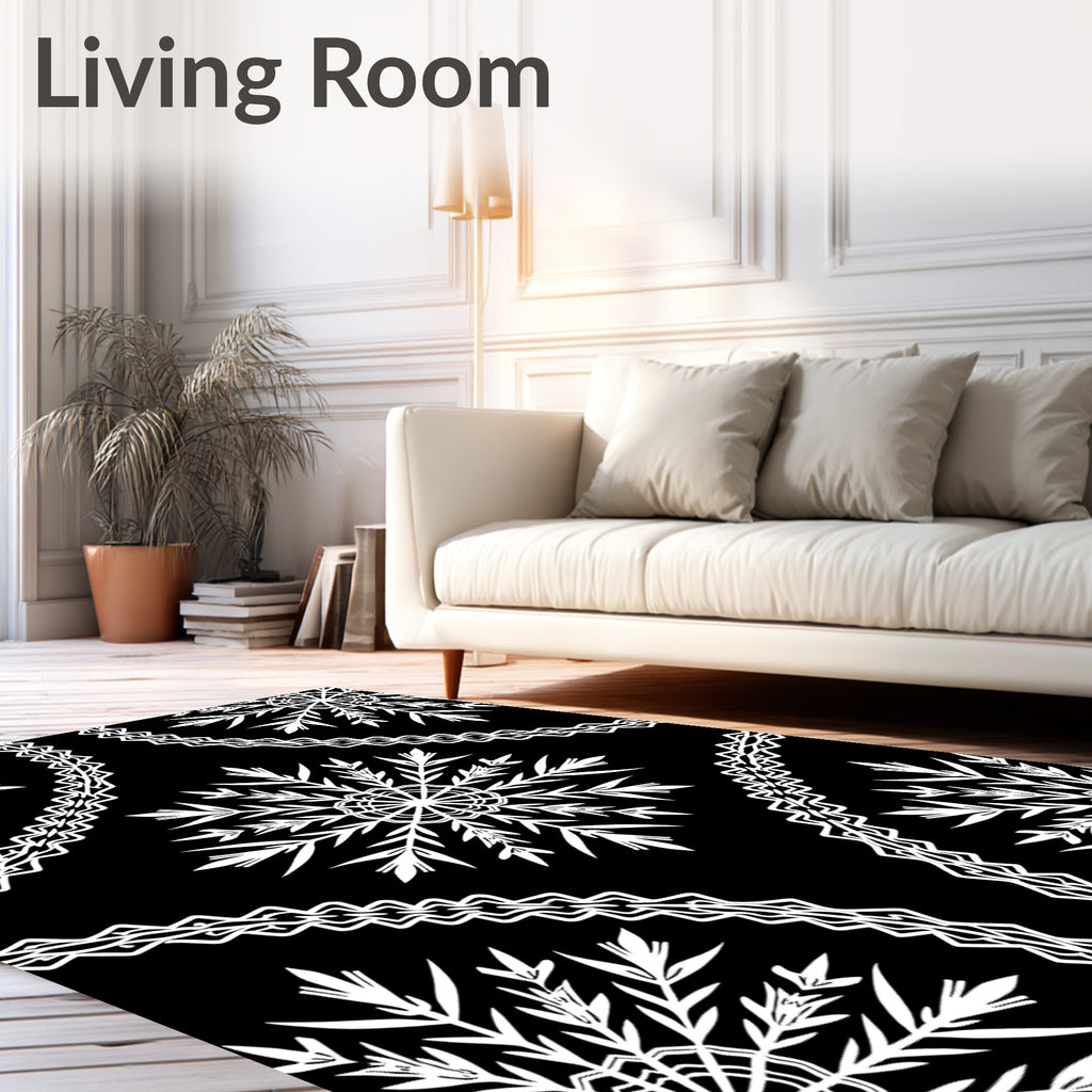 White Snowflake Mandala Black Accent Rug