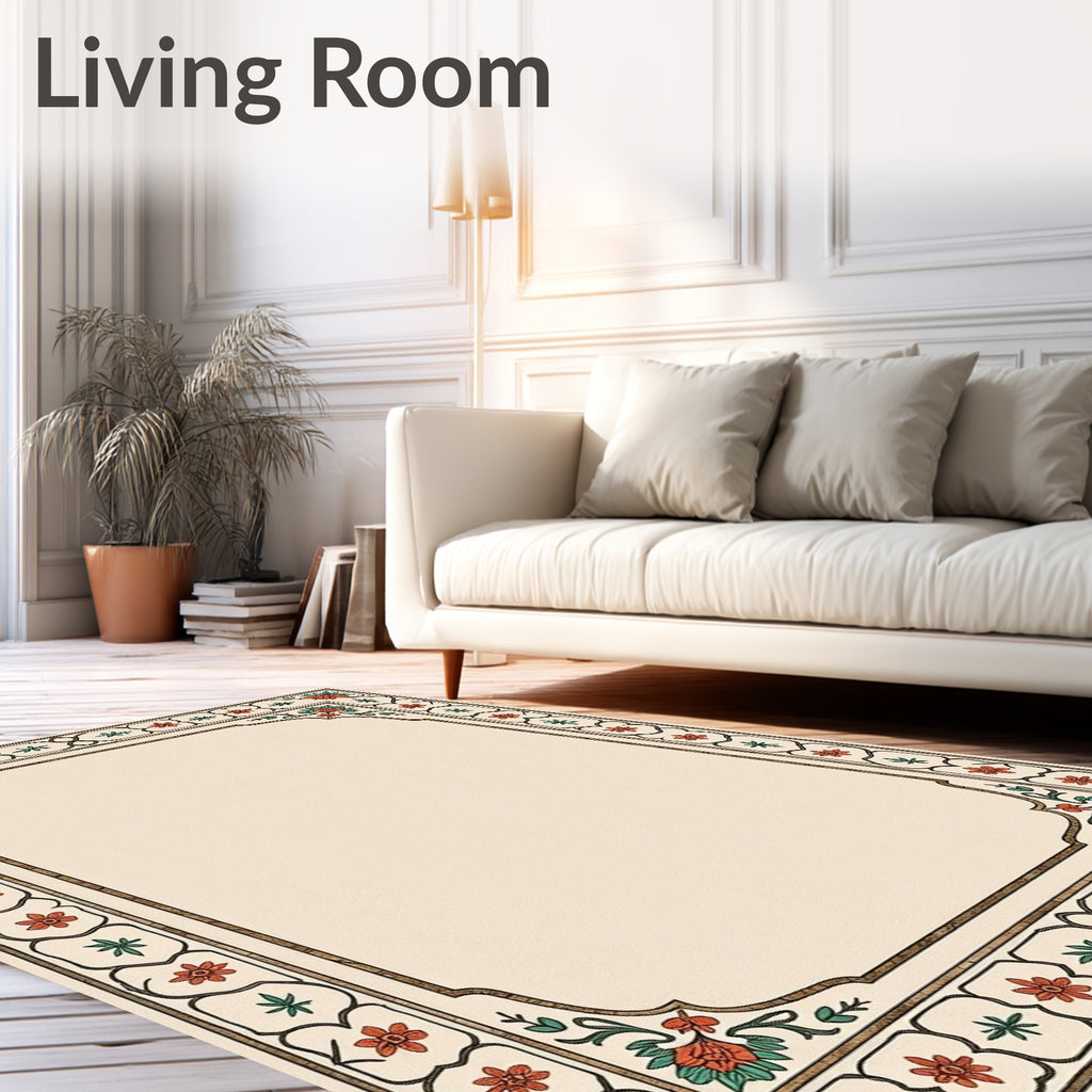 Caramel Floral Border With Green Accents Rug