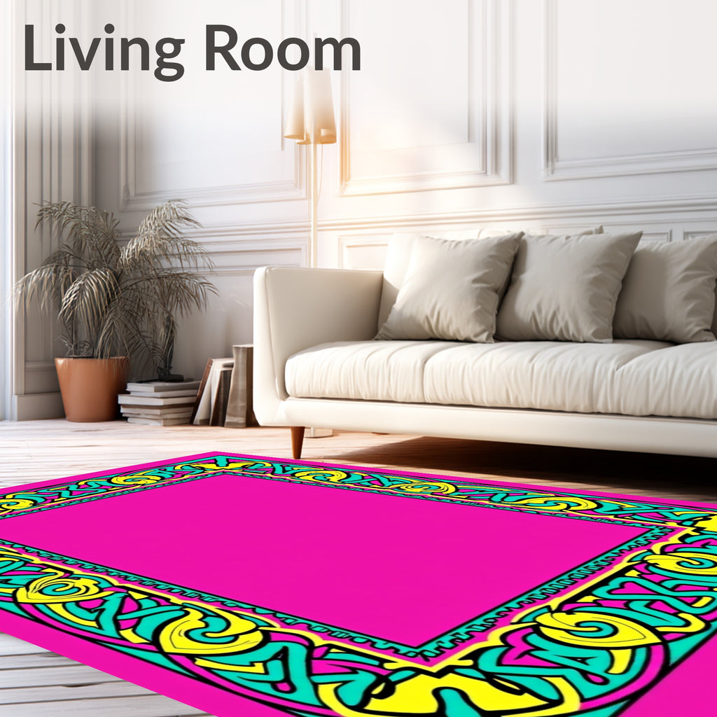 Bright Pink Teal Yellow Celtic Knot Frame Rug
