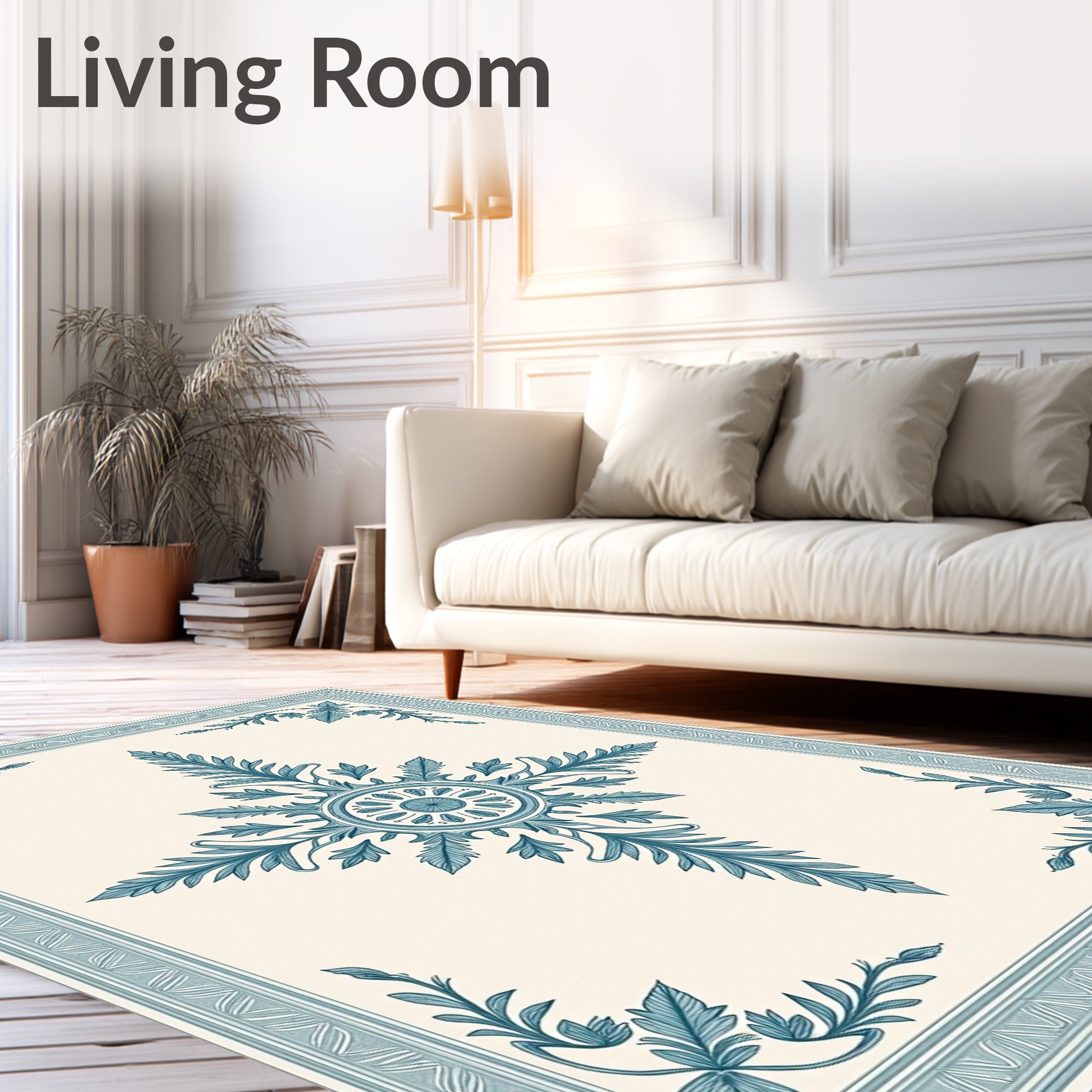 Blue Teal Leaf Medallion Frame Rug