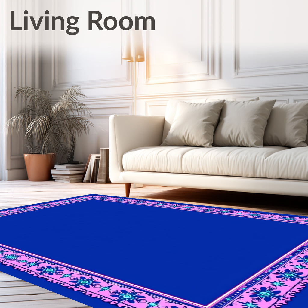Vibrant Pink Blue Floral Border Rug