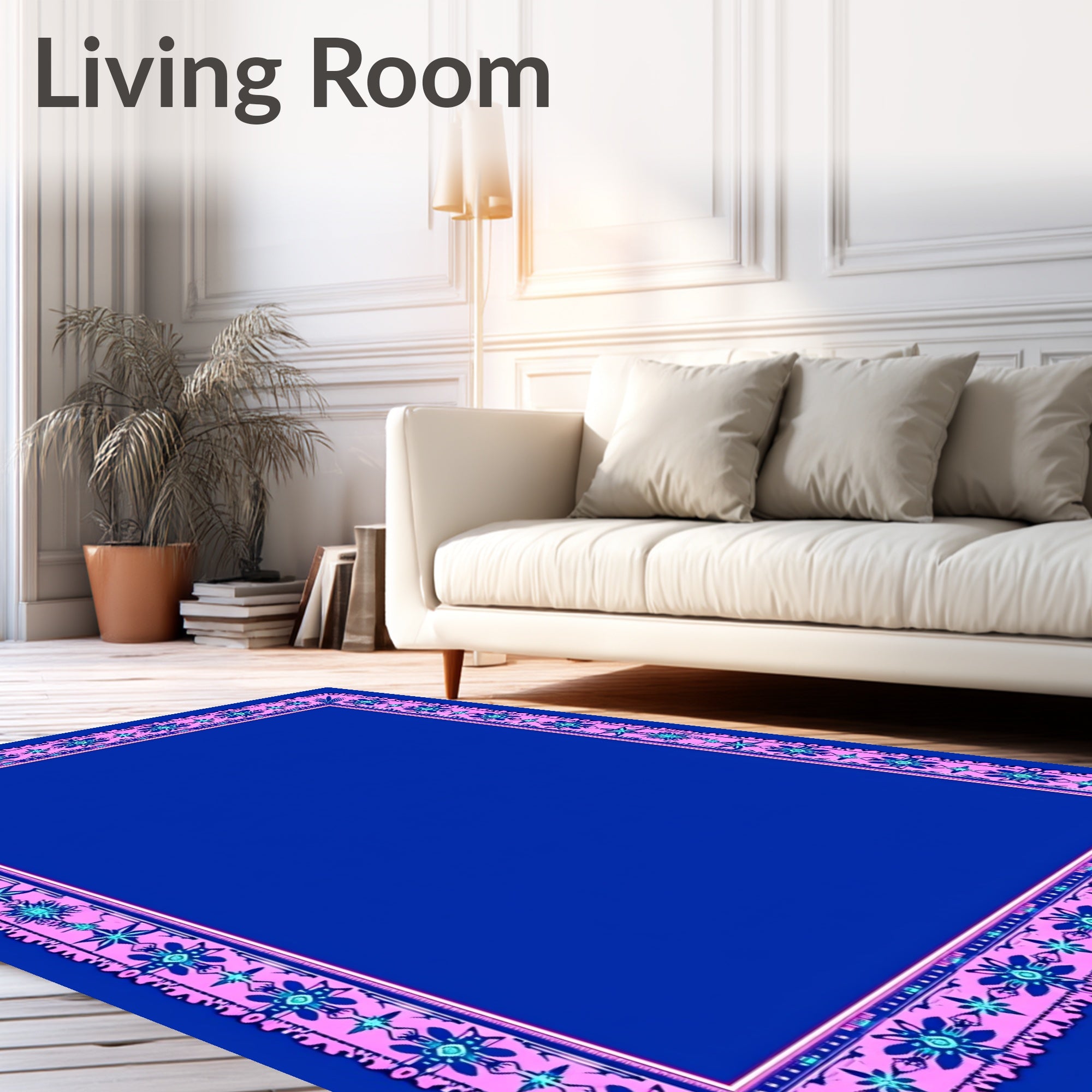 Vibrant Pink Blue Floral Border Rug