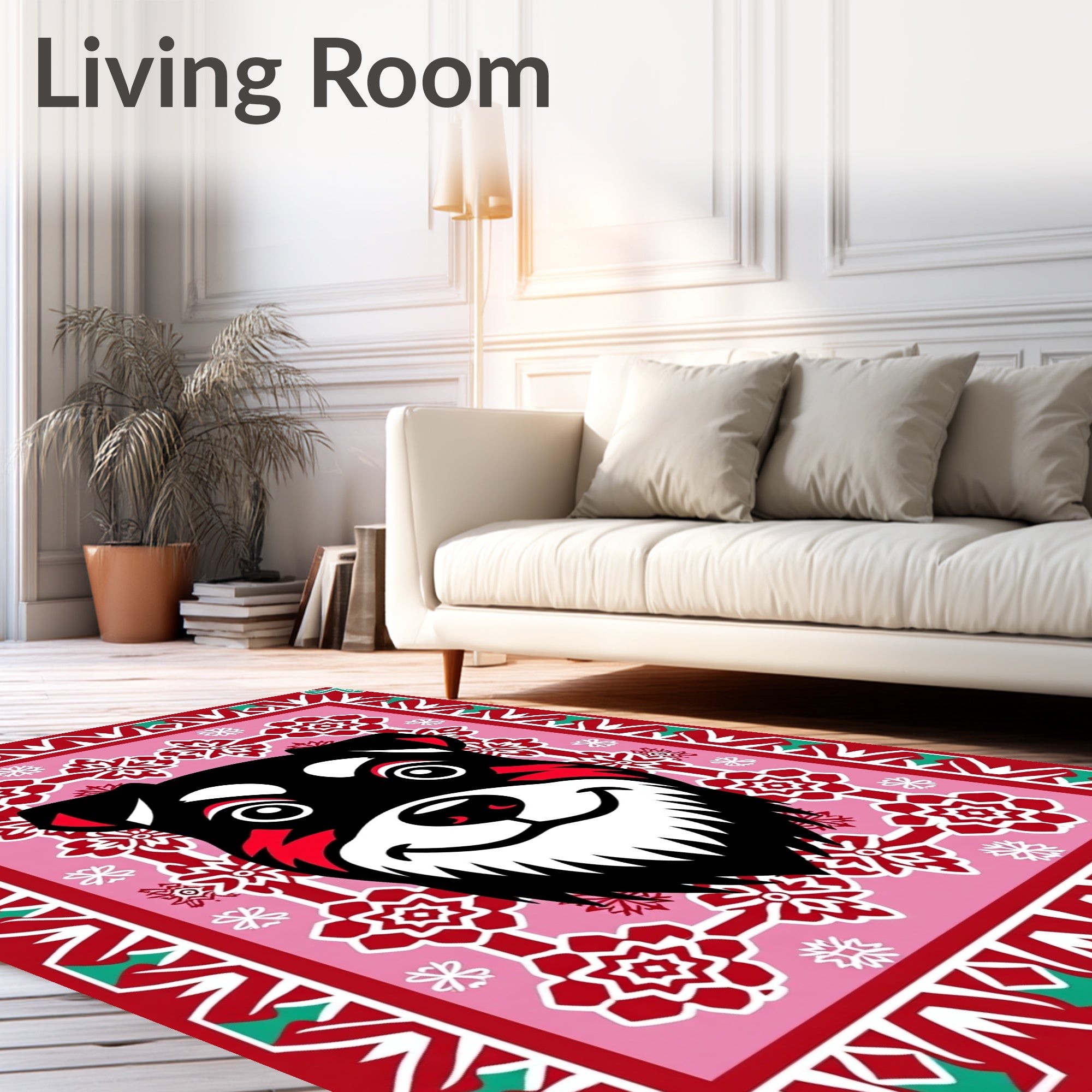 Vibrant Red Dog Floral Border Rug
