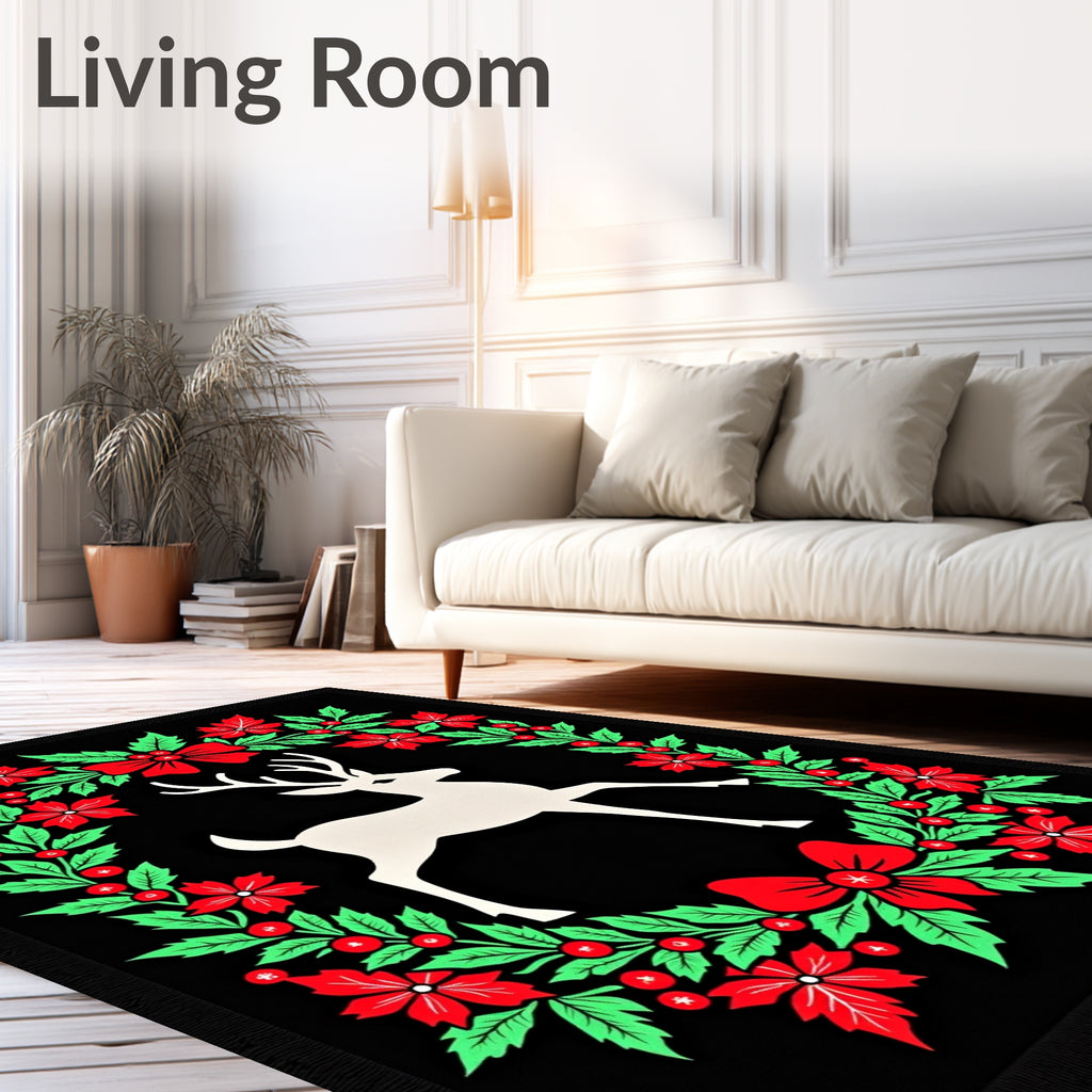 White Deer Red Holly Wreath Rug