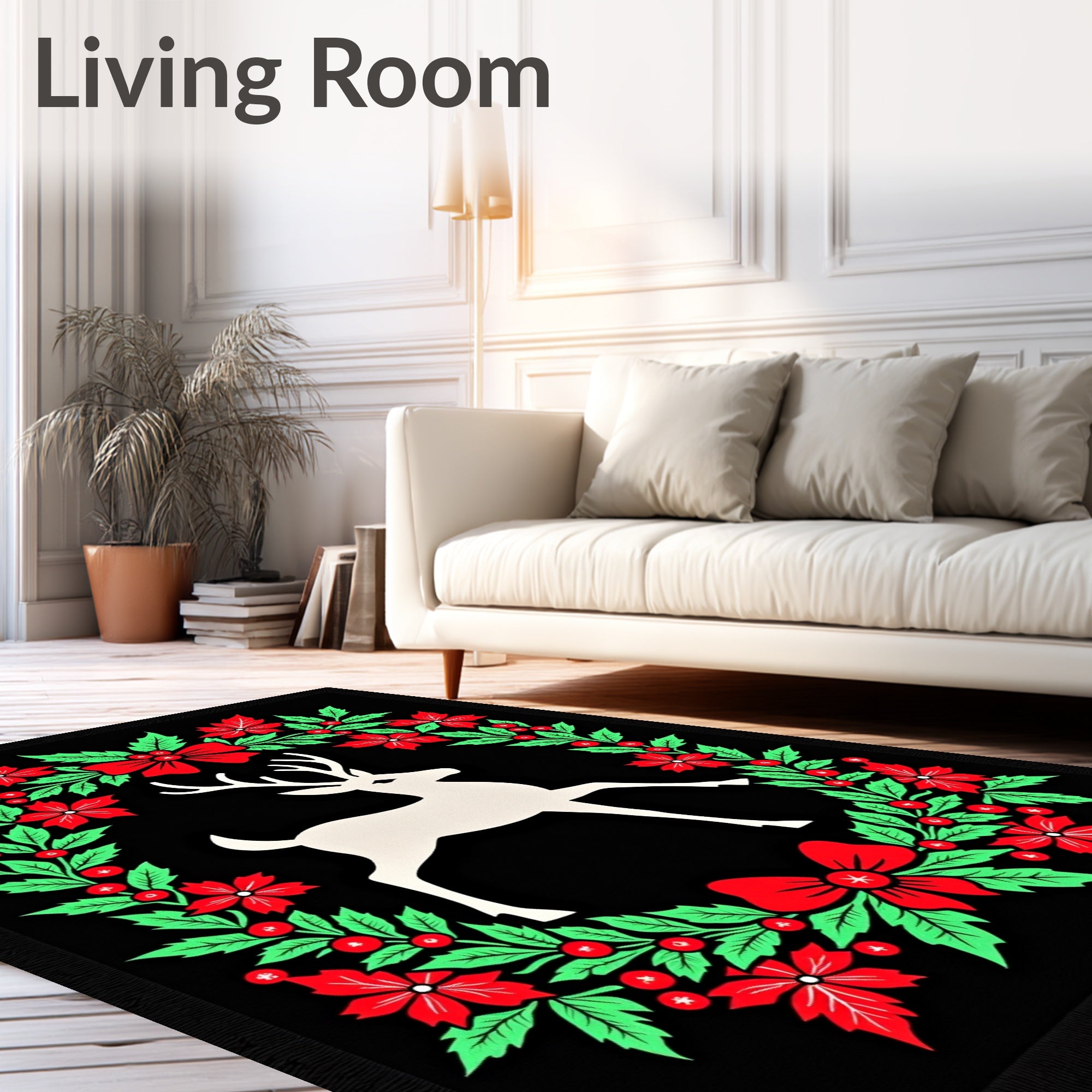 White Deer Red Holly Wreath Rug