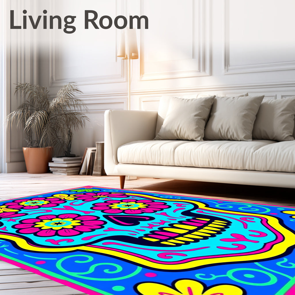 Vibrant Cyan Floral Skull Art Rug