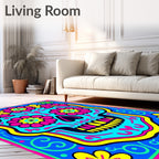 Vibrant Cyan Floral Skull Art Rug