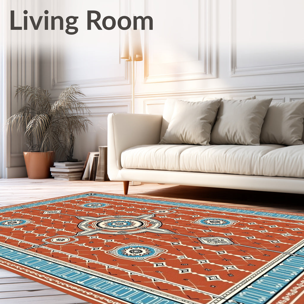 Terracotta And Azure Geometric Starburst Rug