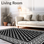 Bold Black White Geometric Medallion Border Rug