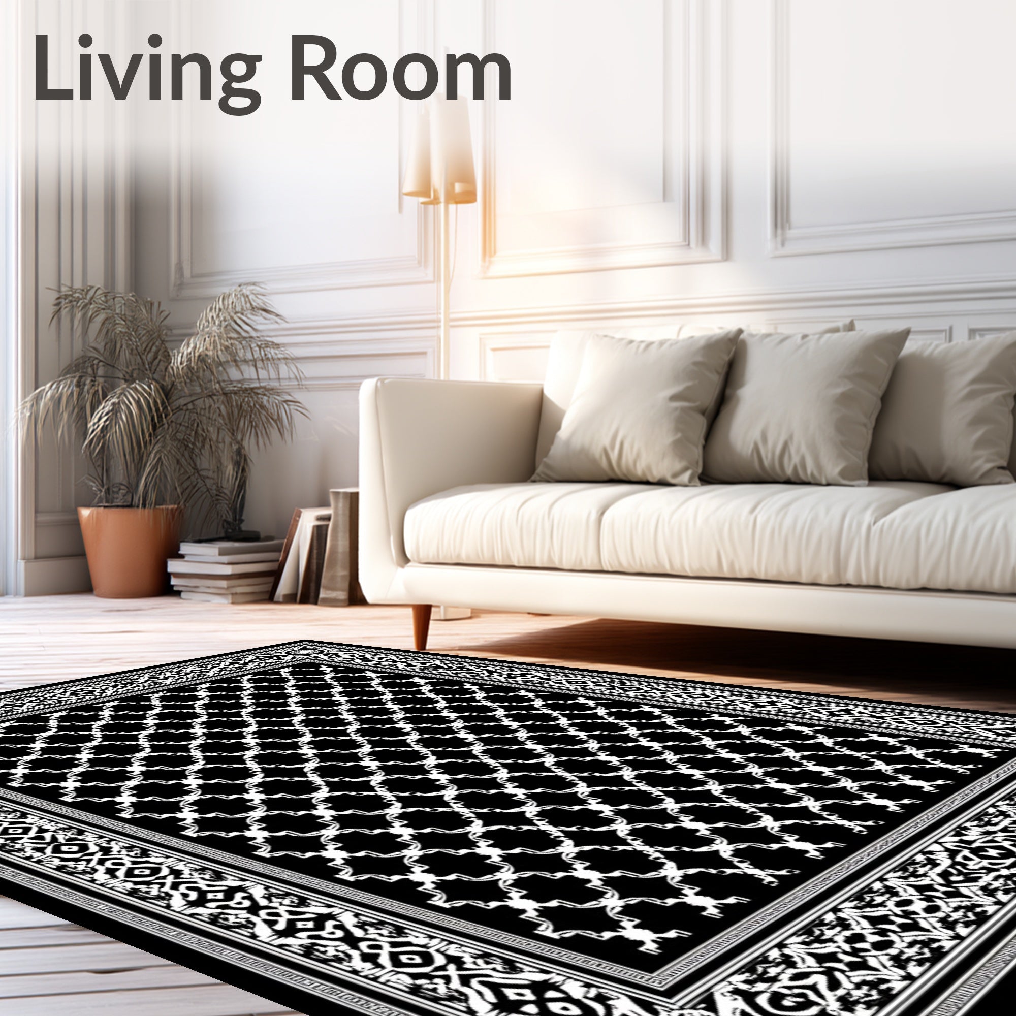 Bold Black White Geometric Medallion Border Rug