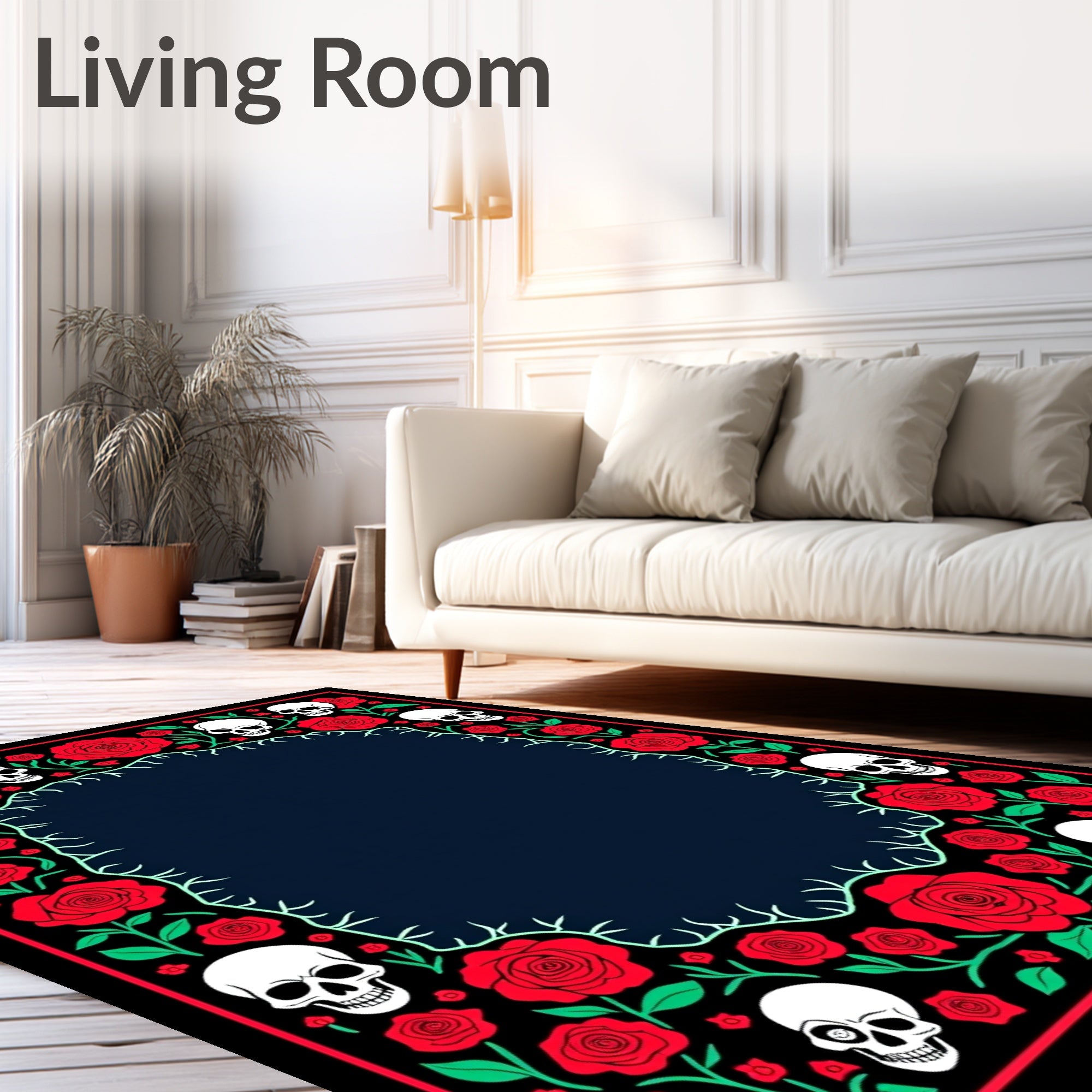Gothic Red Roses Skulls Border Rug