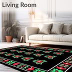 Red Floral Grid Black Rug