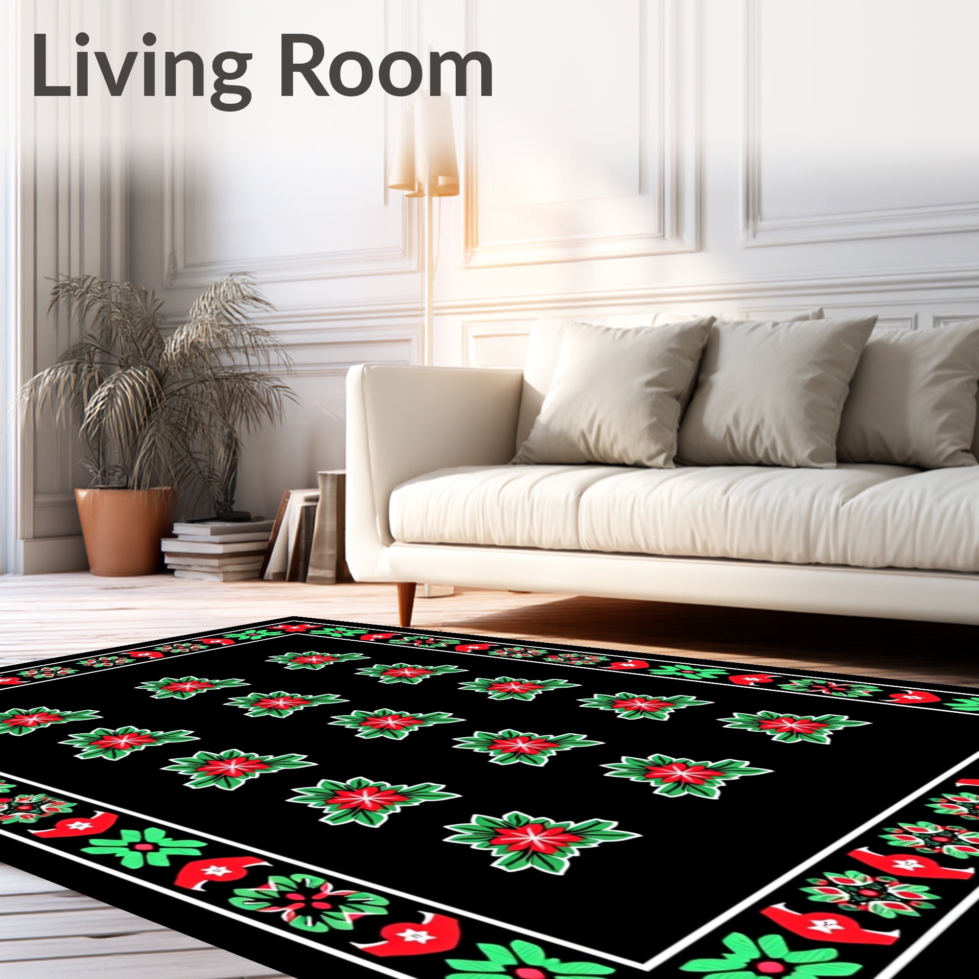 Red Floral Grid Black Rug