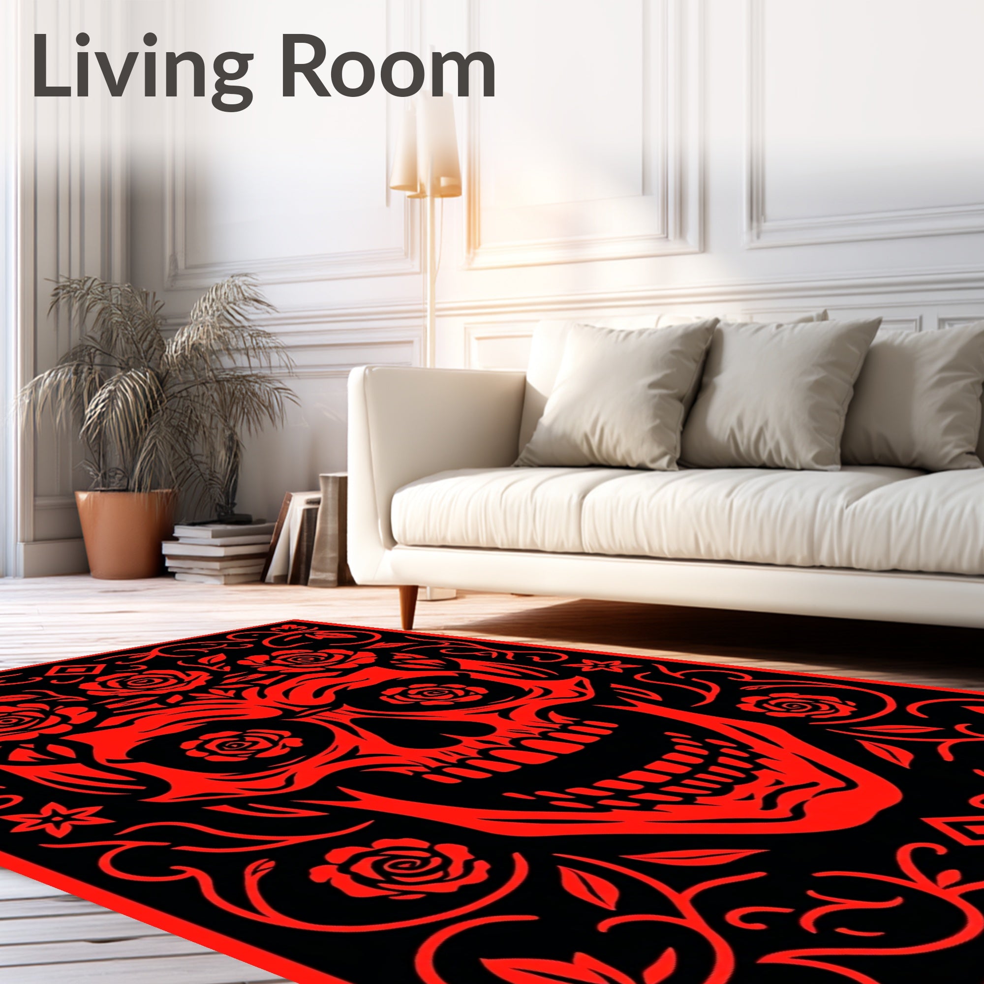 Crimson Rose Skull Floral Border Rug