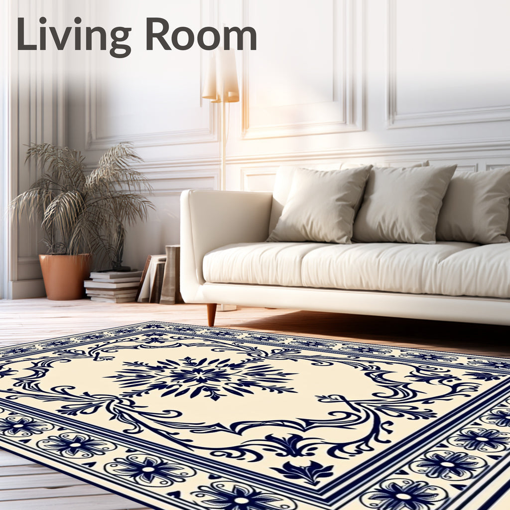 Navy Floral Medallion Cream Border Rug