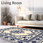 Navy Floral Medallion Cream Border Rug