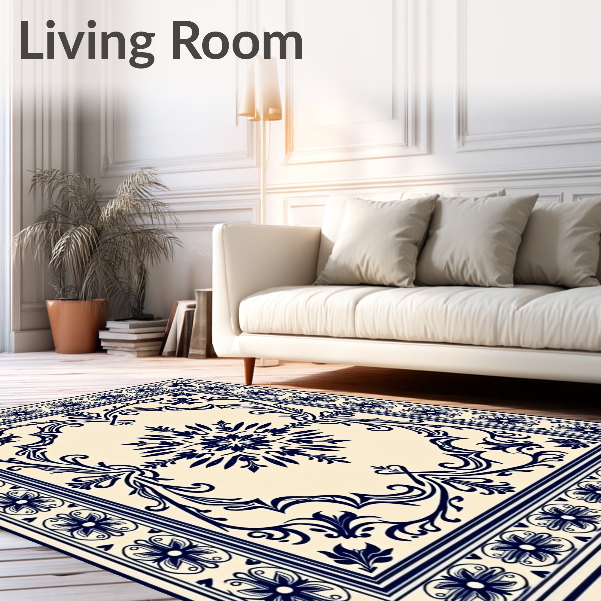 Navy Floral Medallion Cream Border Rug
