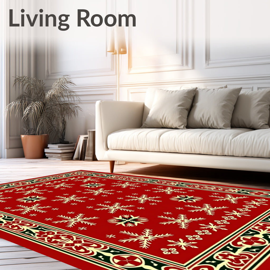Red Snowflake Border Art Rug
