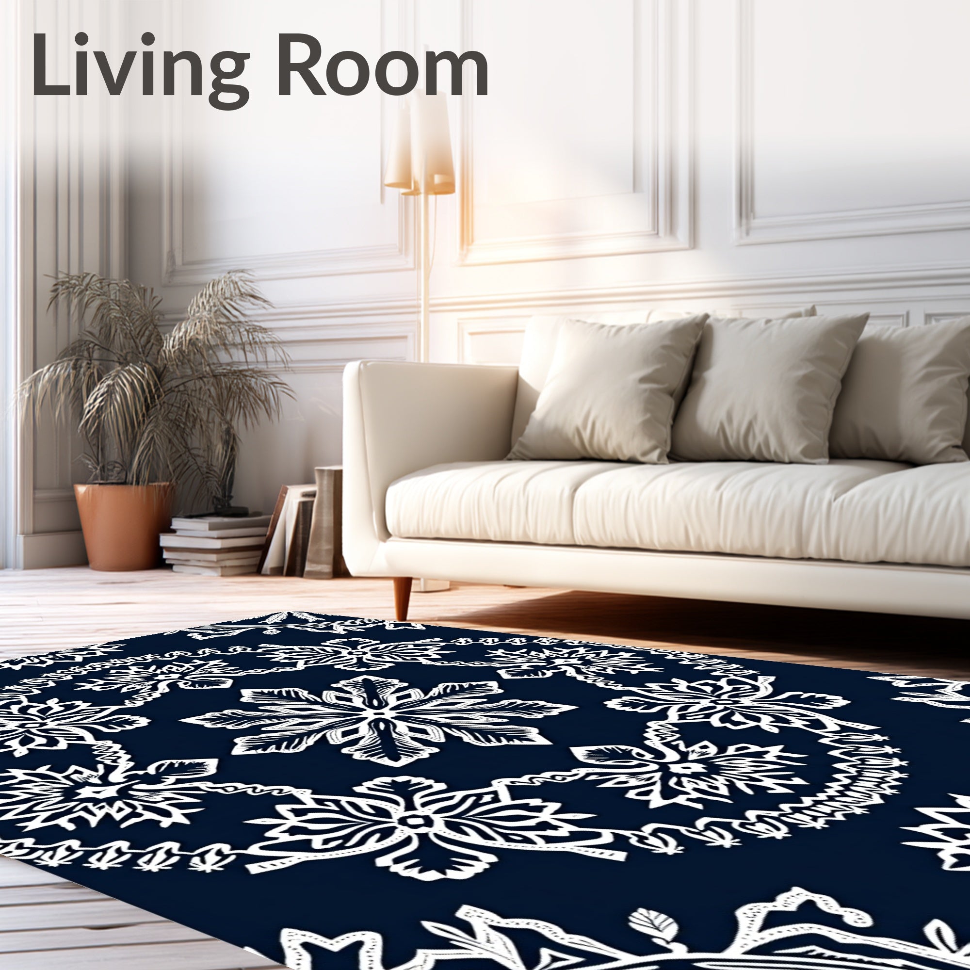 Navy White Intricate Floral Medallion Rug