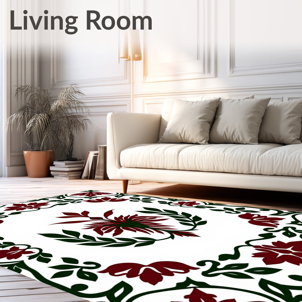 Deep Red Floral Scroll Border Rug